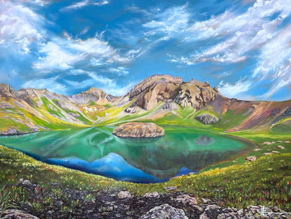Landscape painting of an alpine lake in Colorado called Island Lake.
