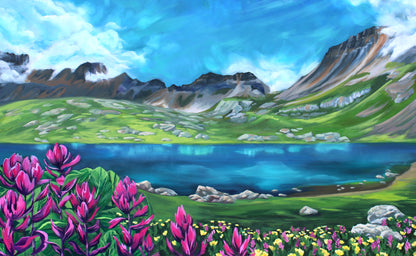 A vibrant painting depicting a Colorado mountainous landscape with a blue lake (Ice Lake) and pink wildflowers in the foreground.