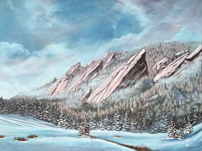 Winter painting of Boulder Colorado Flat Irons in snow.